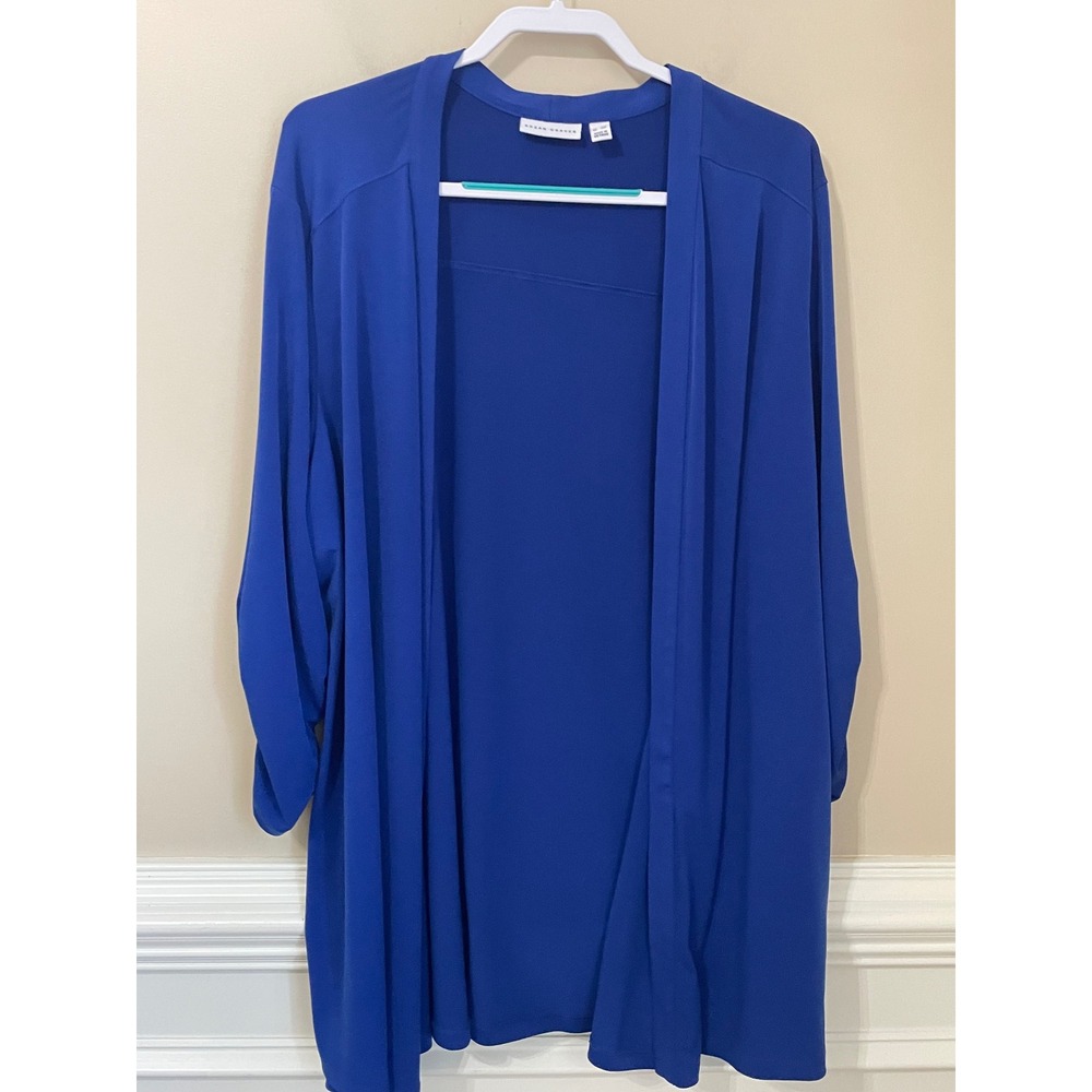 Susan Graver 3X Liquid Knit Royal Blue Ruched 3/4 Sleeve Open Front Cardigan